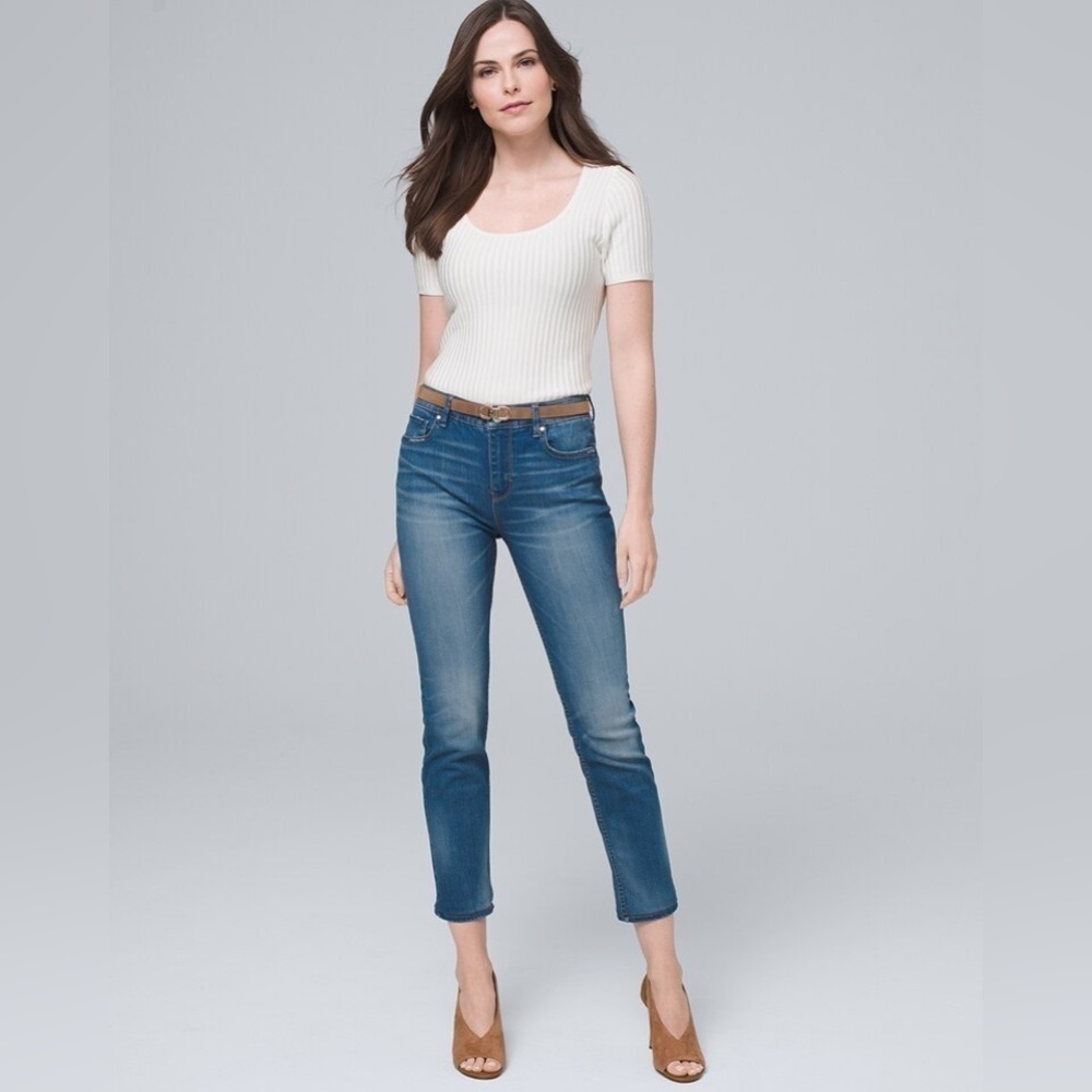 White House Black Market High Rise Medium Wash Slim Crop Denim Jeans Size 4 Long